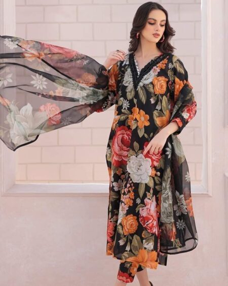 3 Piece Unstitched Digital Printed Lawn Suit ( Printed Organza Dupatta )