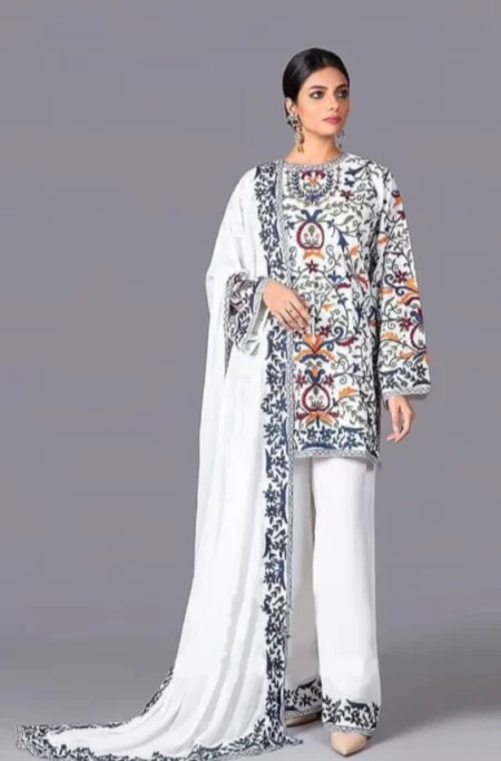 3 Piece Unstitched Heavy Embroidered Lawn Suit ( Fully Embroidered Bamber Chiffon Dupatta )